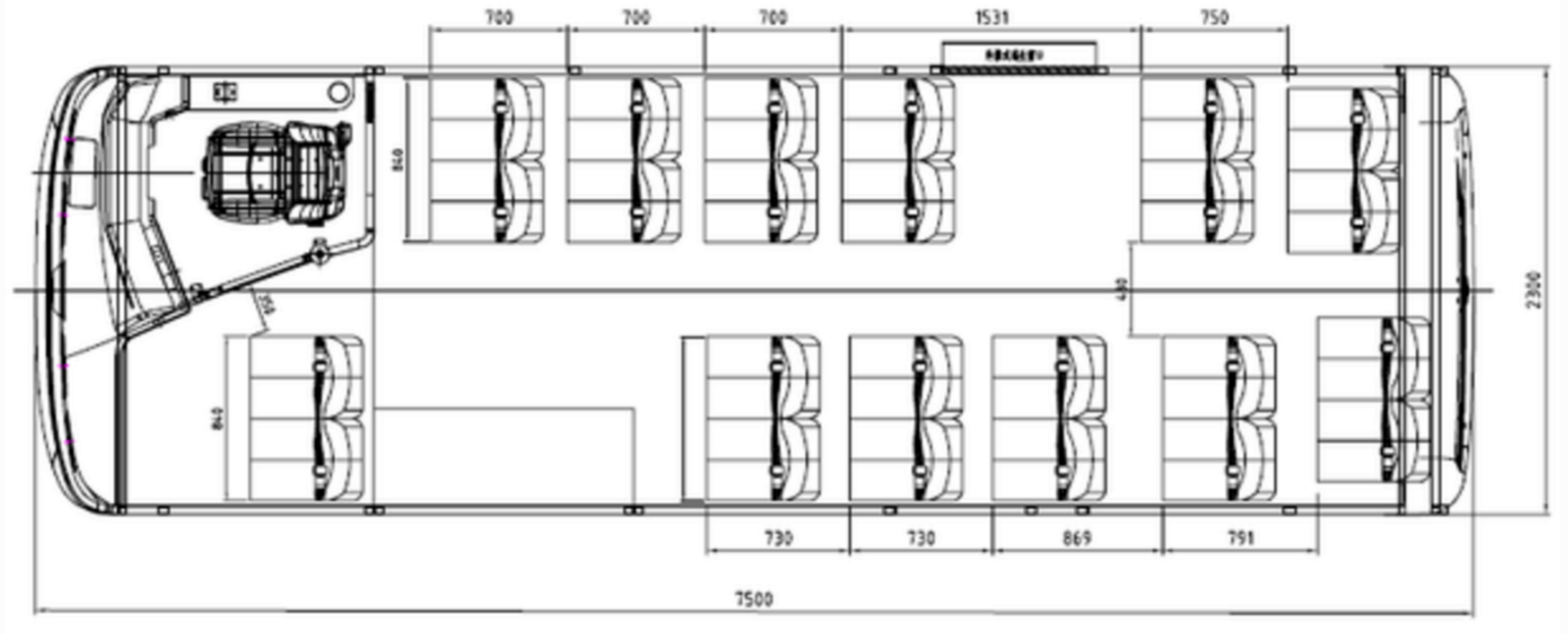 Cyberbus top-down seating arrangement diagram showing 24 passenger seats, driver position, entrance area, and central aisle layout